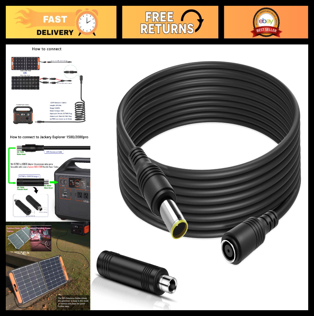20Ft 14AWG DC8mm Extension Cable with Adapter for Solar Panels & Power Stations