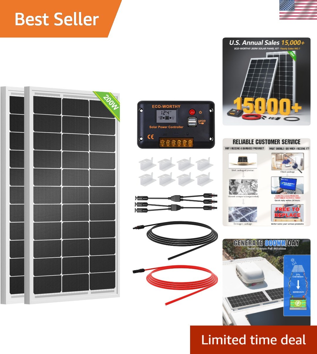 Durable 200W Solar Panel Kit for RVs & Off-Grid Applications – 30A Controller