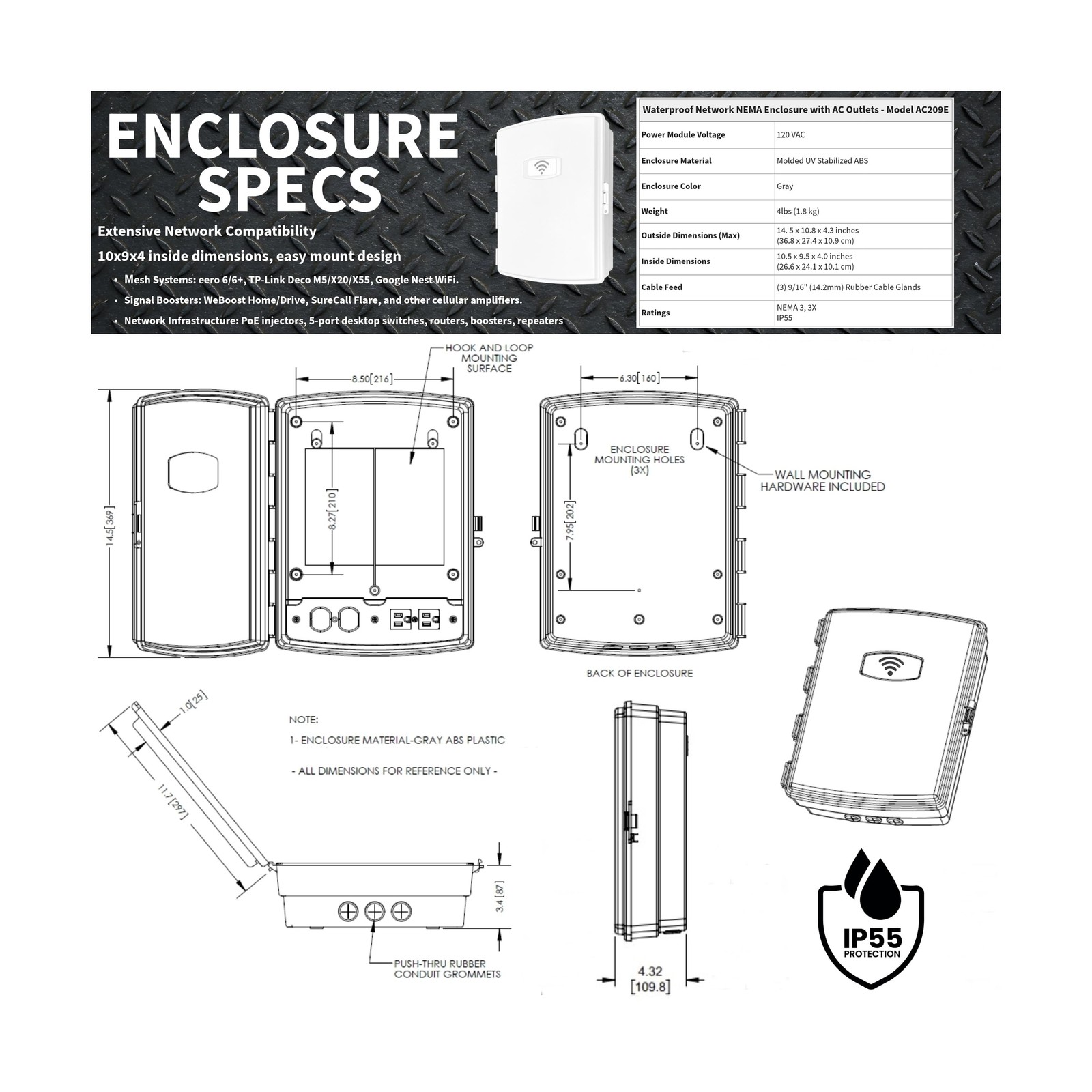 Waterproof Network NEMA Enclosure with AC Outlet 10x9x4 Weatherproof Indoor O…
