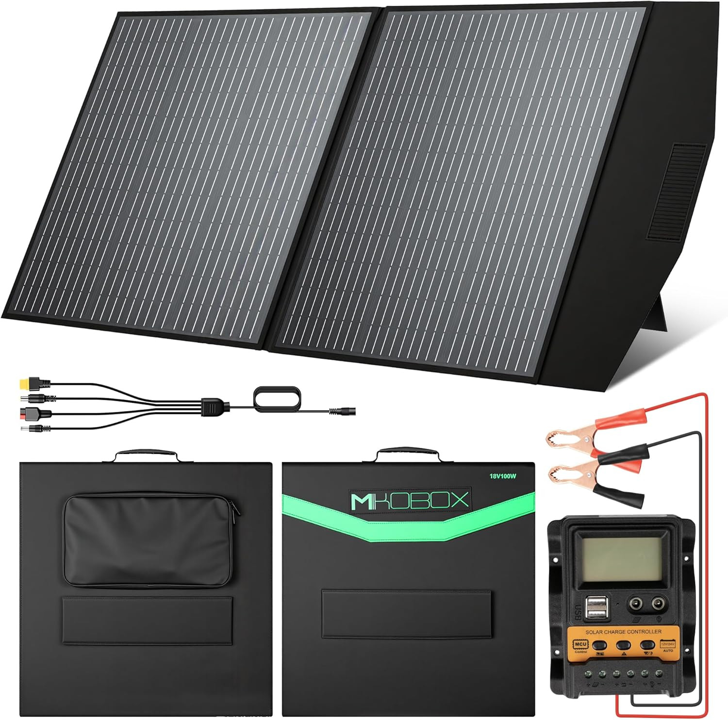 100W Portable Foldable Solar Panel Kit with 12V Controller and USB,18V High Effi