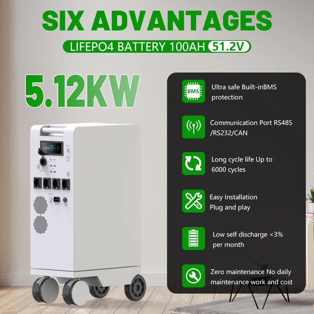 Portable Power Station 5000W LiFePO4 48V 100Ah 5Kwh 6000W MPPT Inverter With Lig
