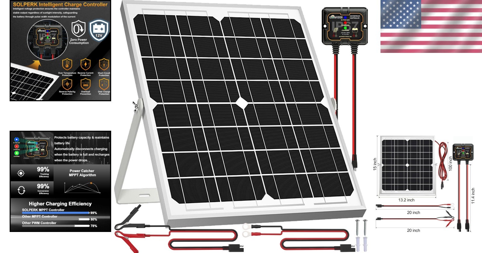 20W 12V Waterproof Solar Panel Kit with Smart MPPT Charger + Adjustable Bracket