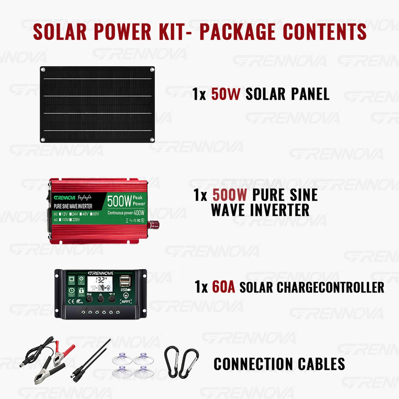 Grennova 500W Pure Sine Solar System 50W Panel 60A MPPT Dual Voltage Inverter