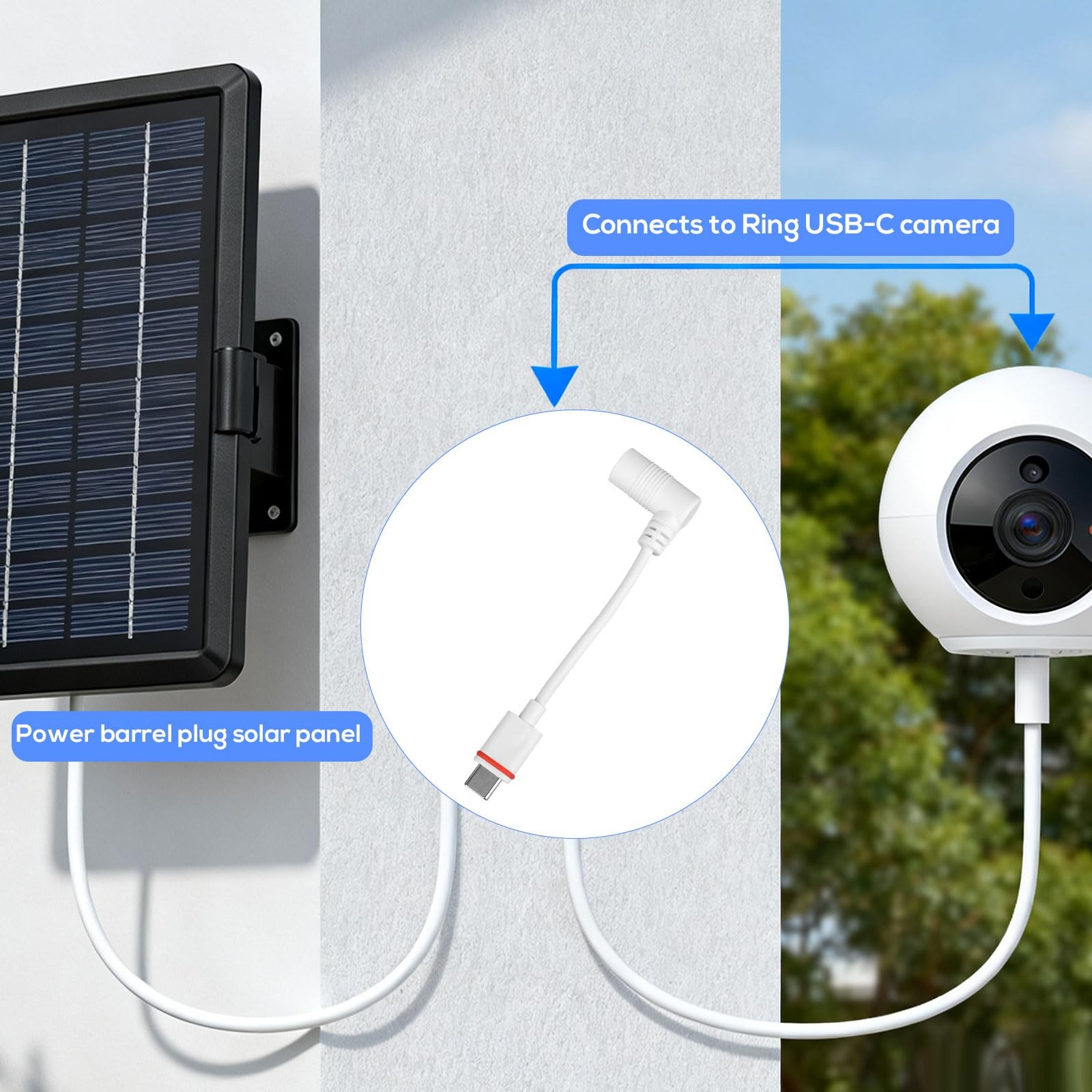 2pcs Barrel Plug to USB-C Power Adapter for Ring Solar Panel & USB-C
