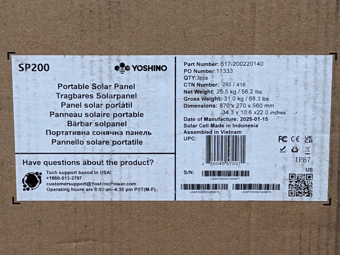 3 PACK Yoshino Technology 200W Portable Monocrystalline Solar Panels SP200