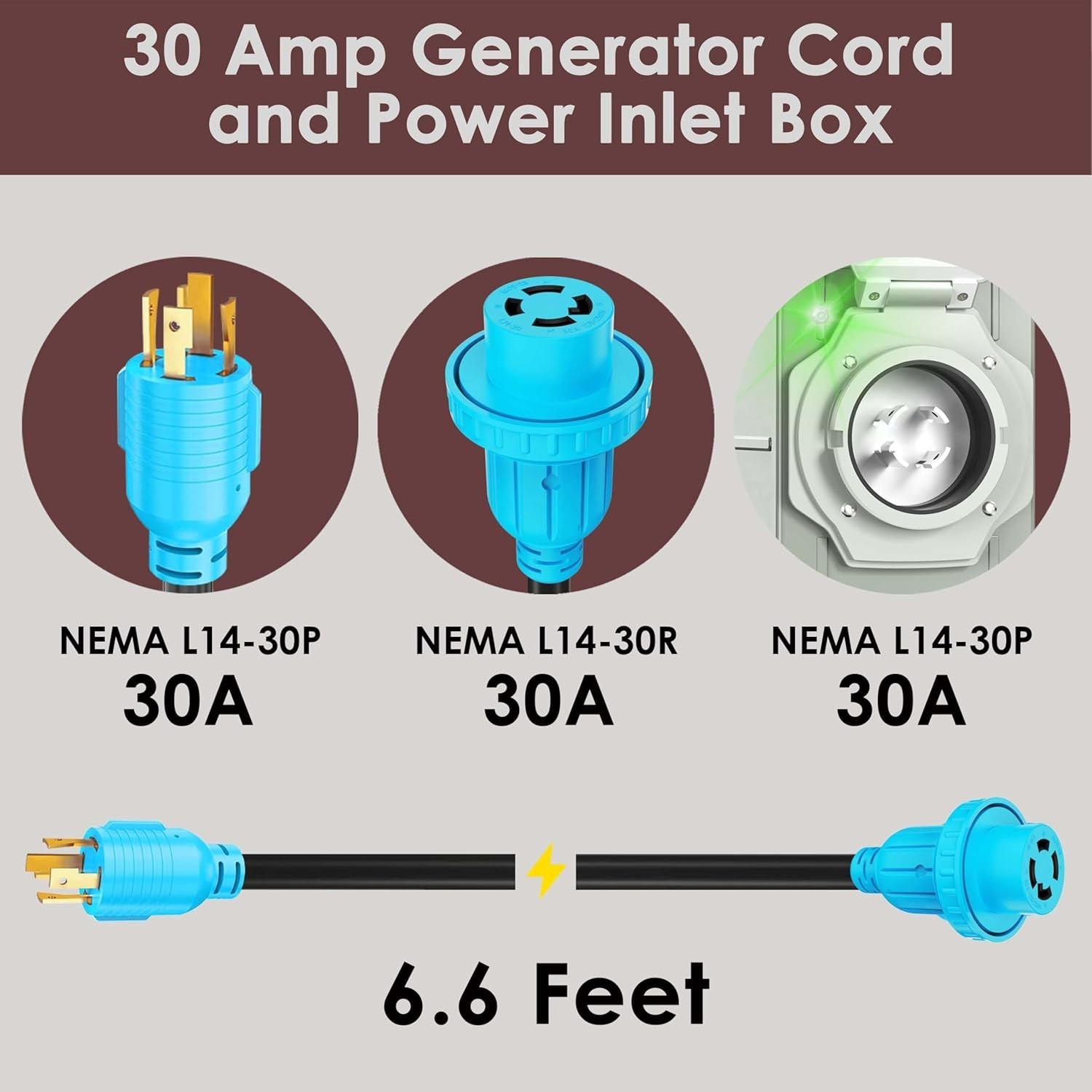 4 Prong 6.6 Feet 30 Amp Generator Extension Cord and Inlet Box with Locking C…