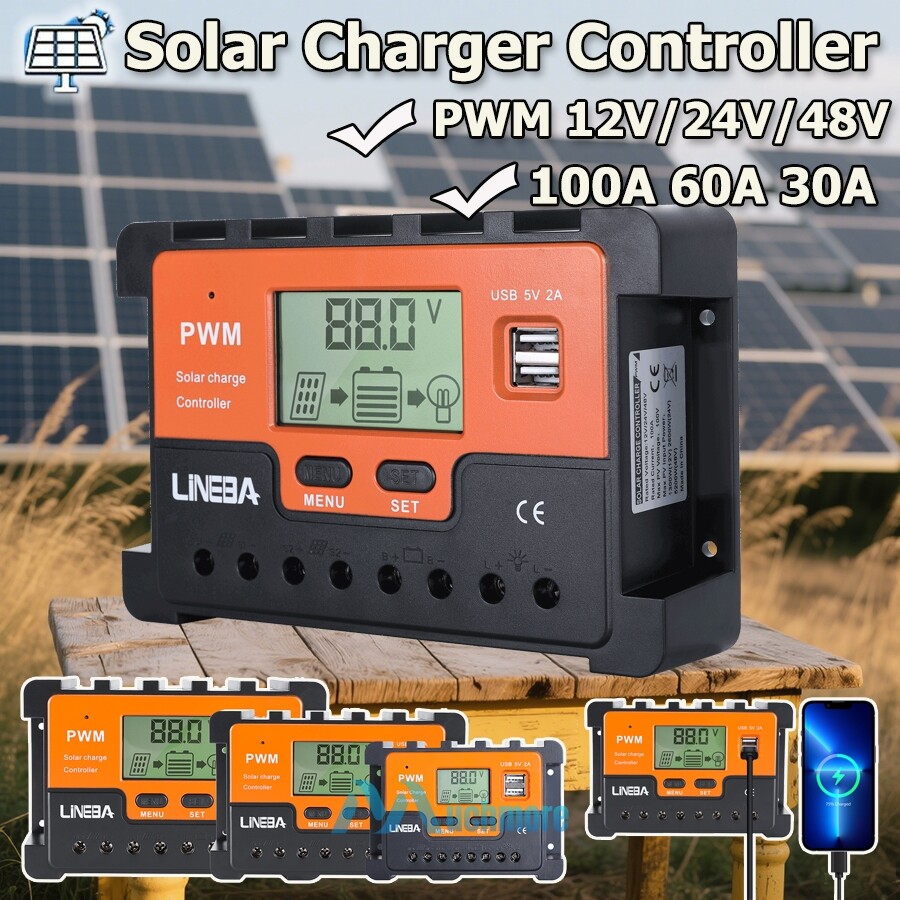PWM Solar Charge Controller 100A 60A 12V 24V 48V Dual USB Battery PV Regulator