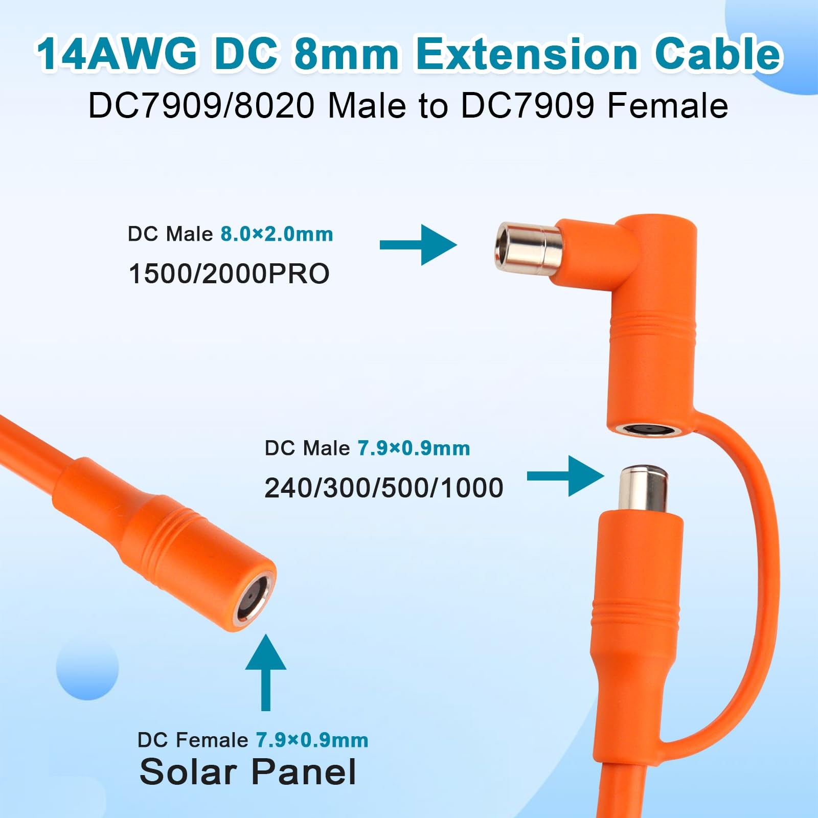 Extension Cable 14AWG 8mm 20FT DC7909 Female to DC7909/8020 Male for Jackery