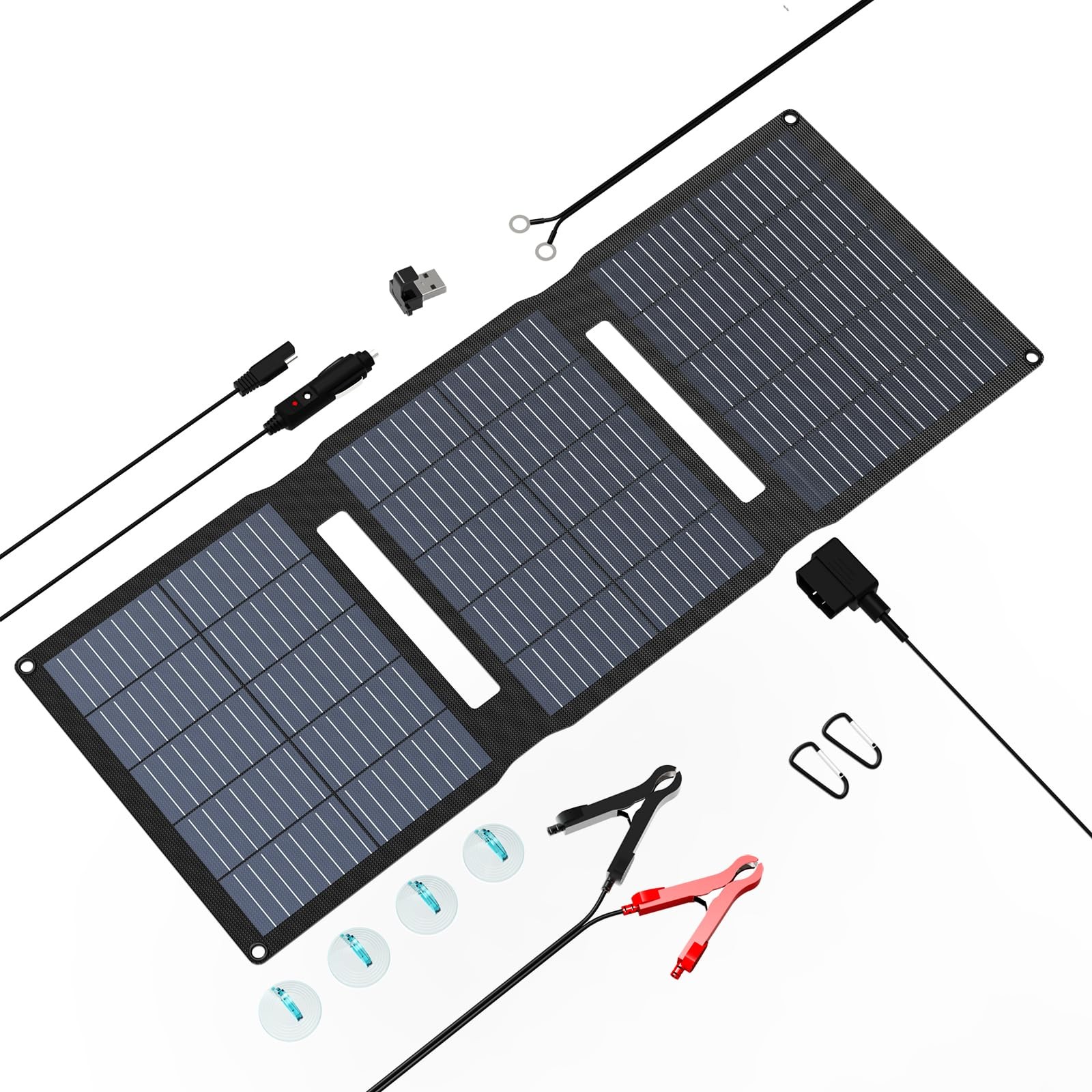 28W Foldable Solar Panel Trickle Charger – 12V DC & QC3.0 USB Output – Battery