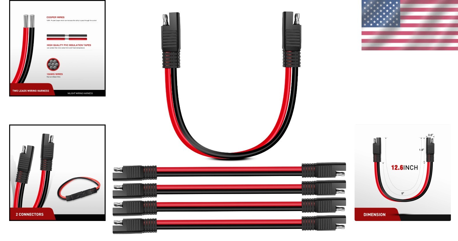 5 Pack of 10 AWG SAE Connectors – 12 Inch Extension for Solar and Automotive