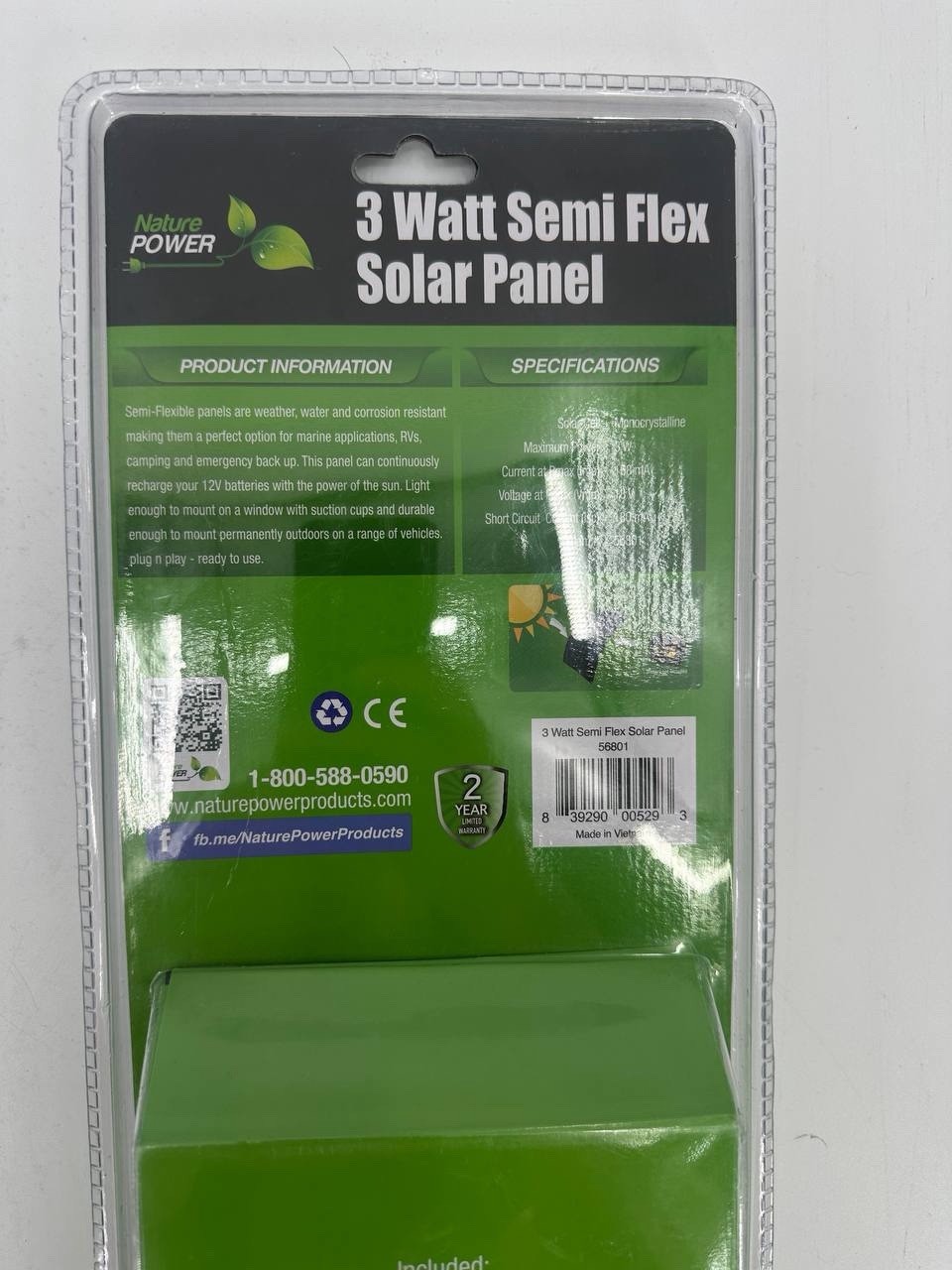 Nature Power 3W Semi-Flex Solar Panel 12V Battery Charger 56801 New Sealed