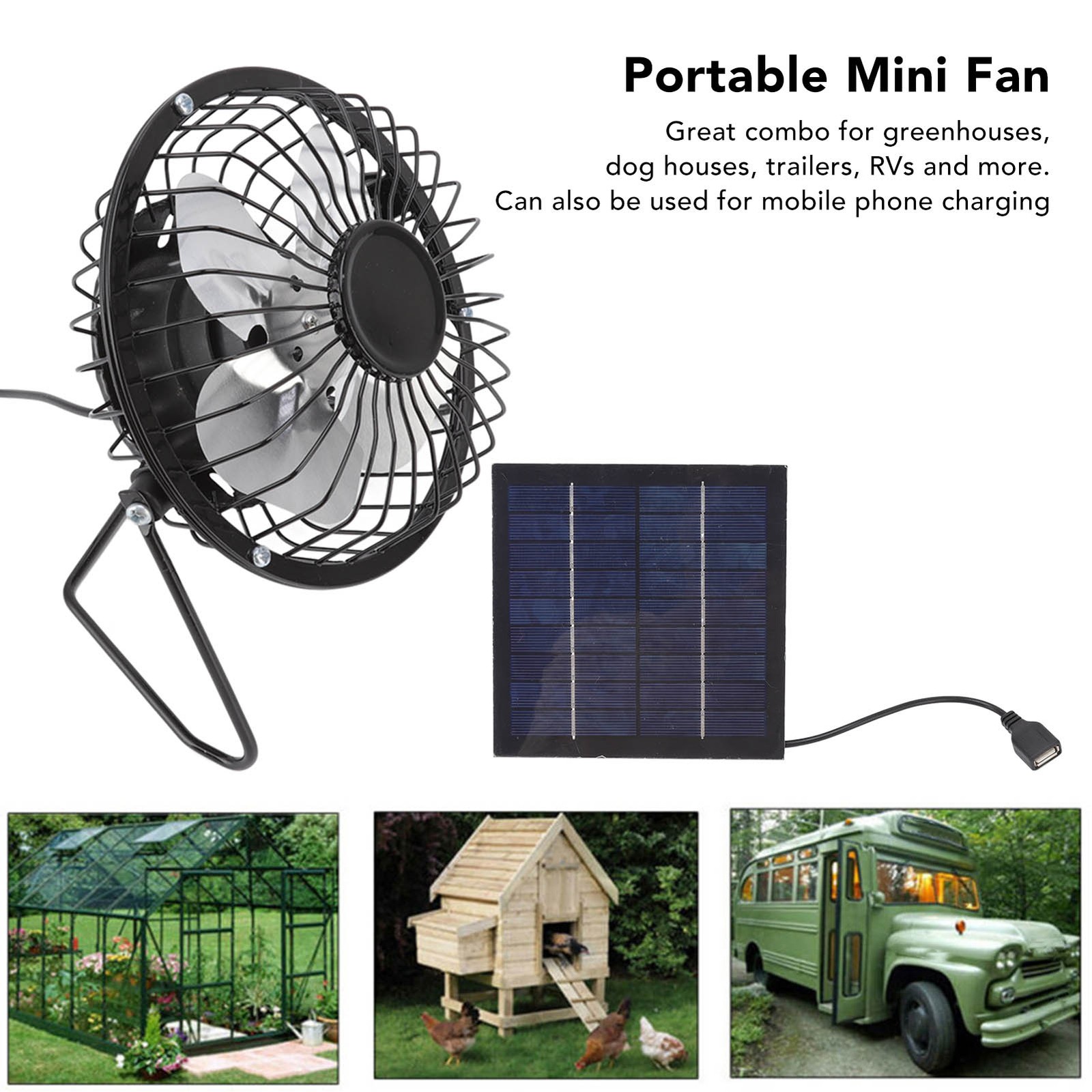 Solar Solar Panel Fan Portable USB Cooling Fan for Greenhouse Pet House Attic