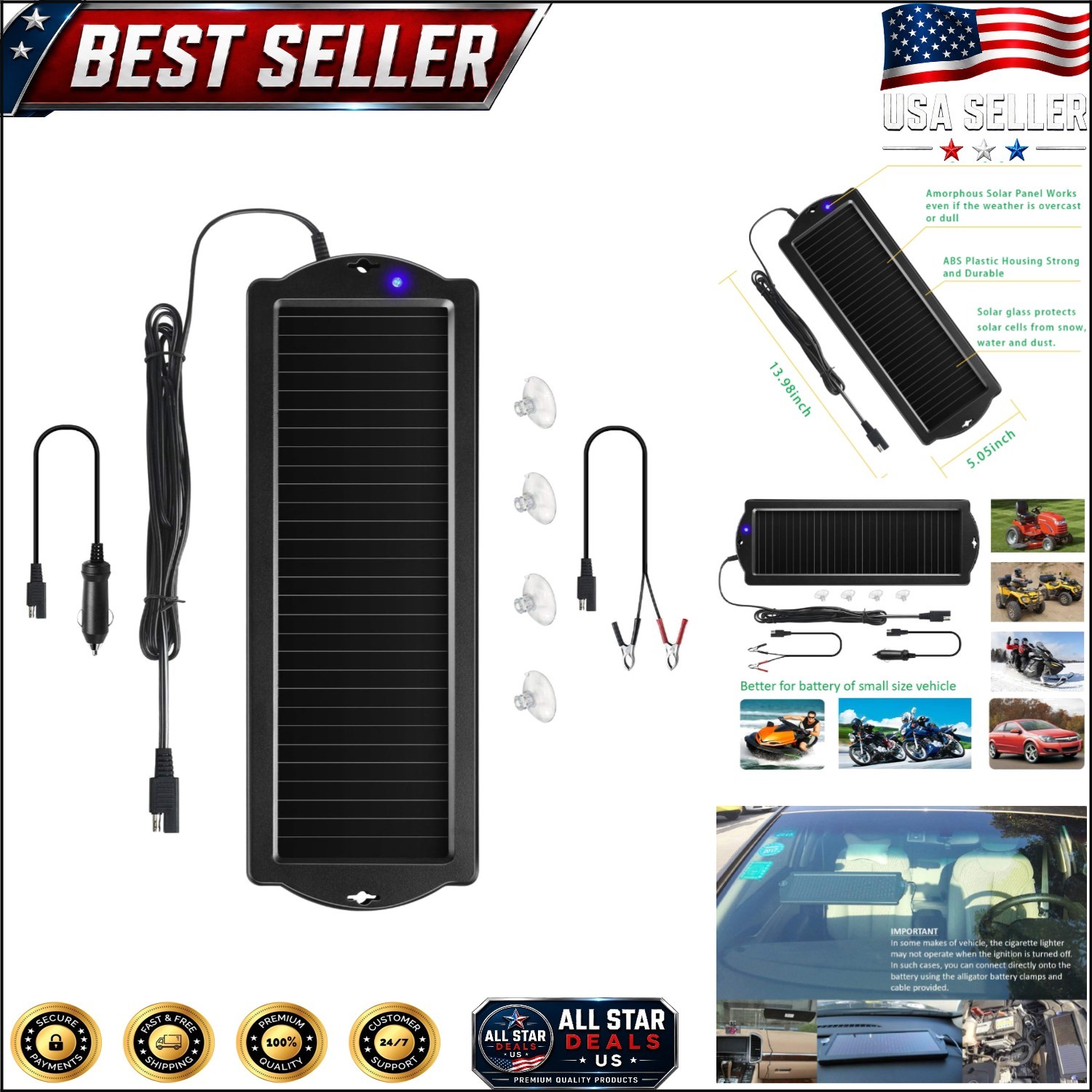 Versatile 12V Solar Battery Maintainer for Cars, ATVs, Boats & More – Easy Use