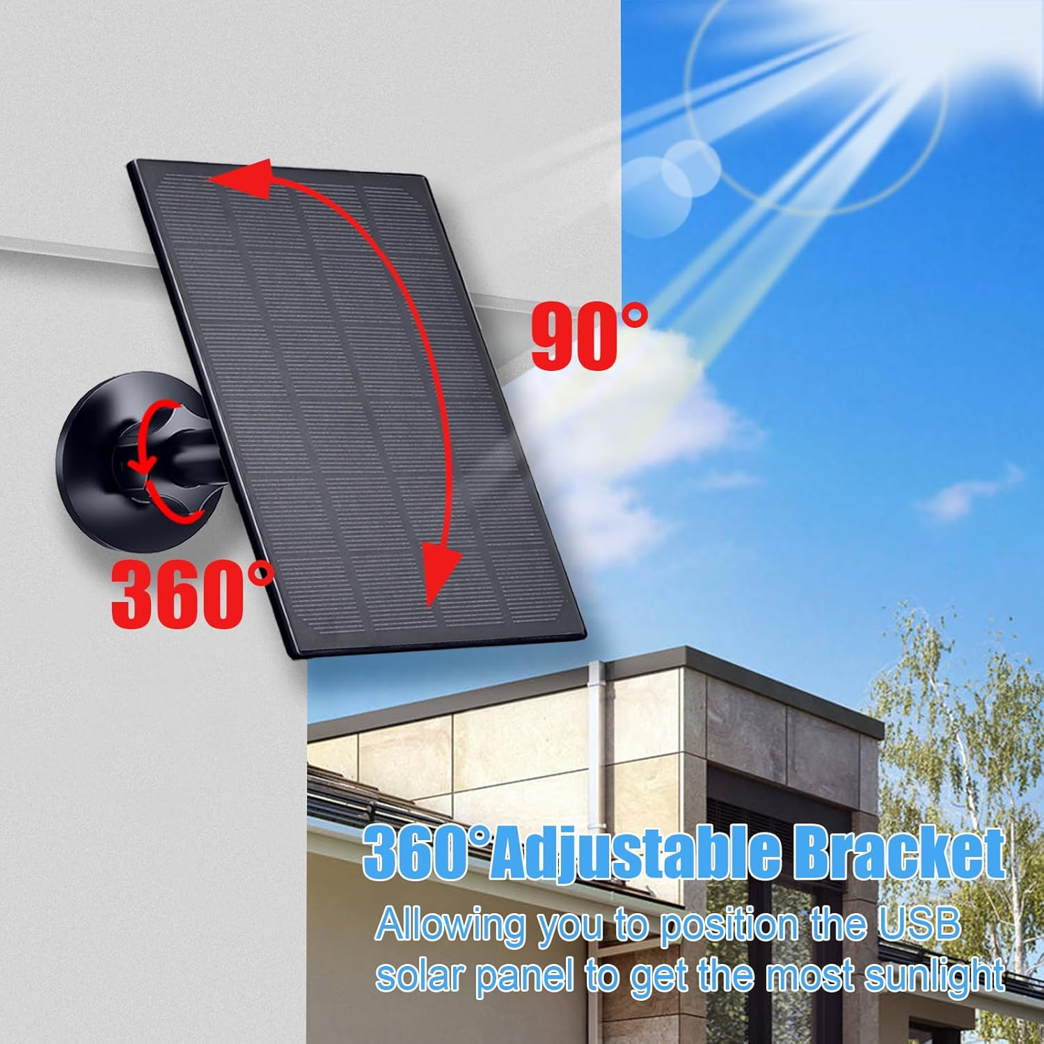 Solar Panel for Security Camera, 2W Solar Charger with Micro USB & USB-C Port fo