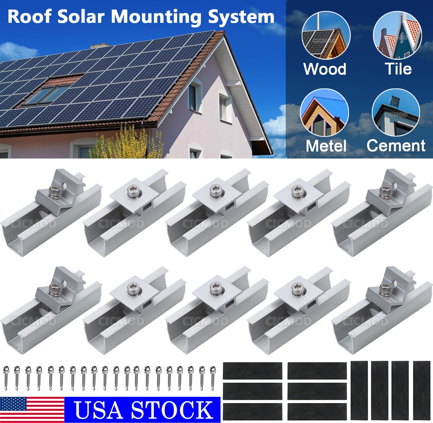Solar Panel Mounting Fixing Kit Rail Brackets End/Mid Clamp Universal 30/35mm