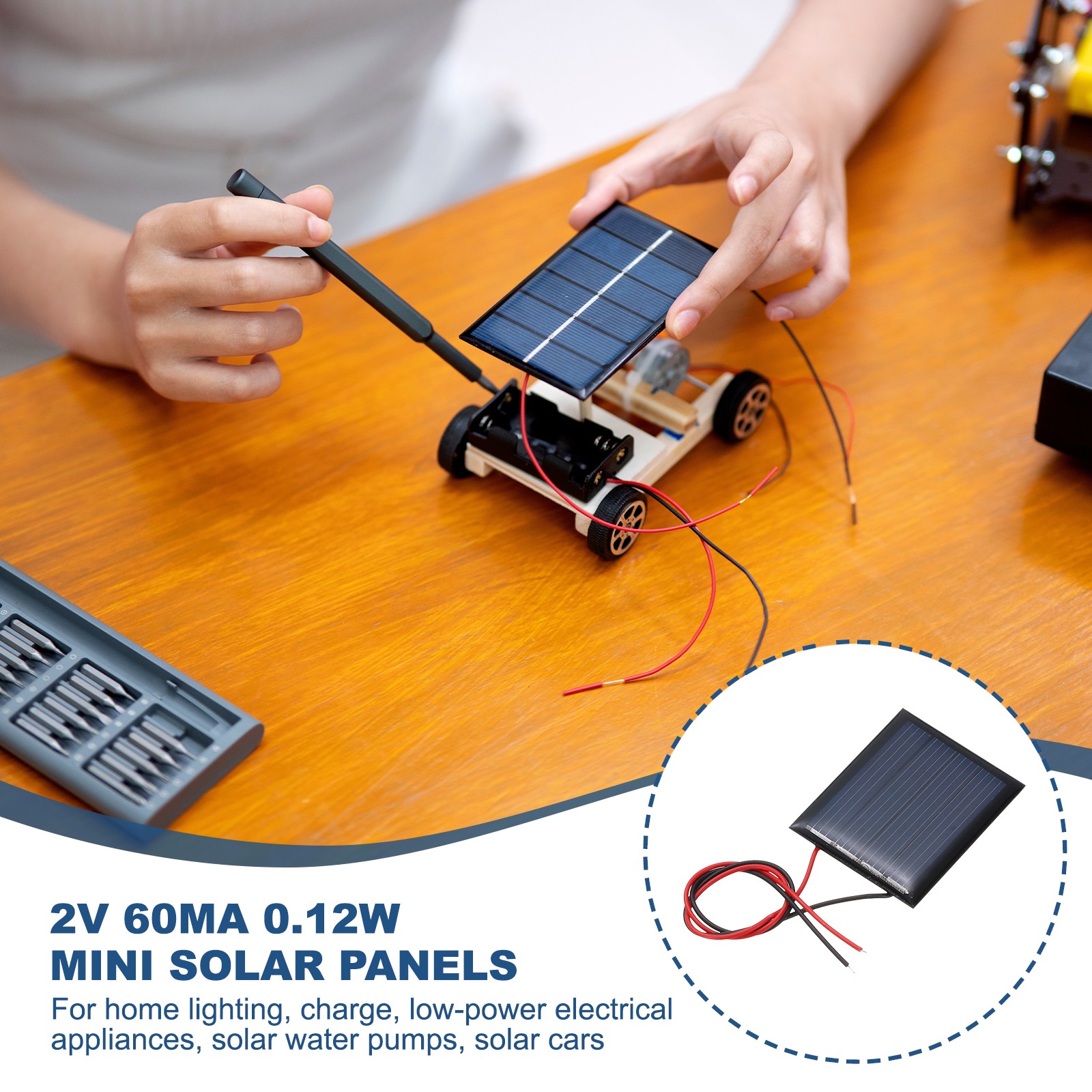 2Pcs 2V 0.12W 60mA Mini Solar Panels with Cable