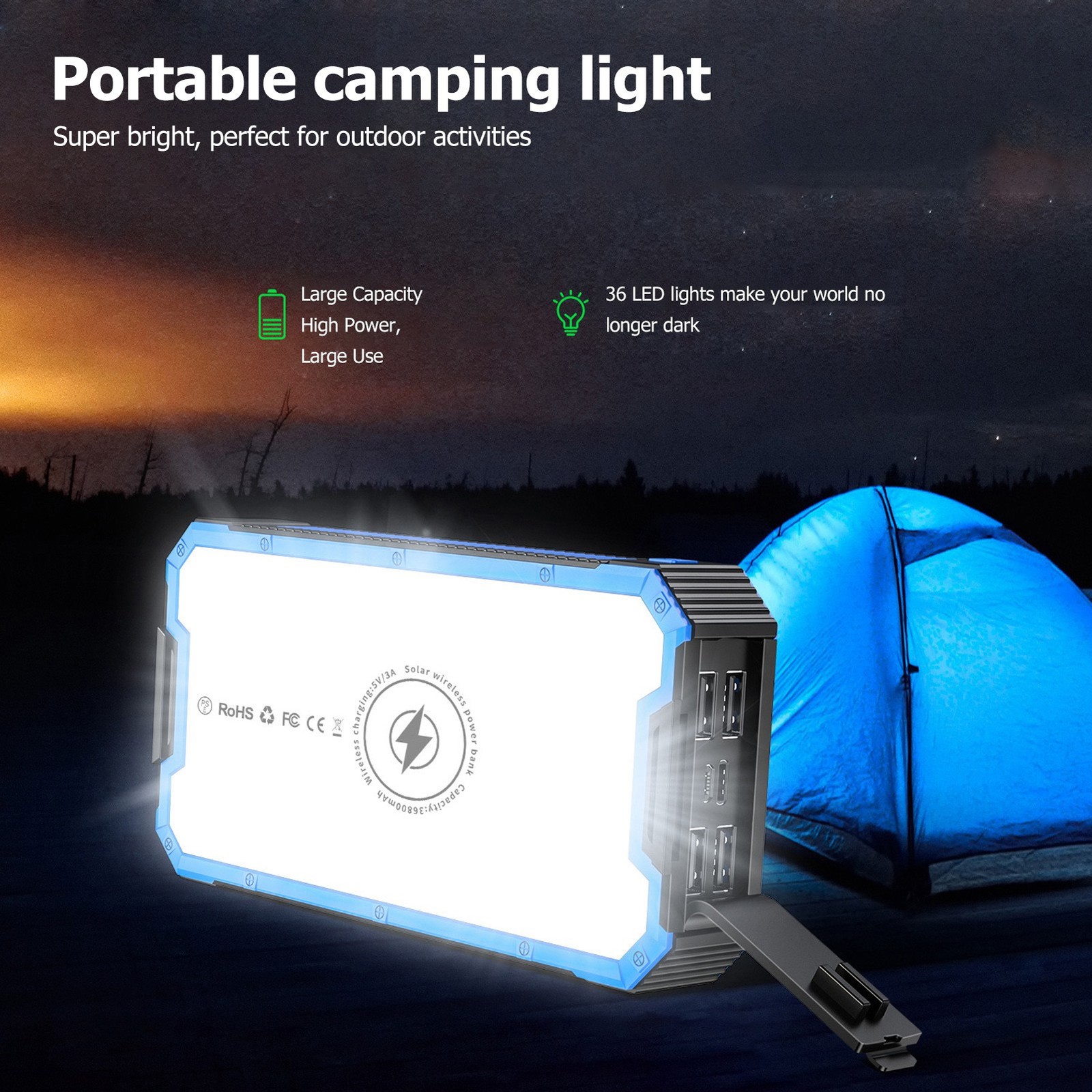 Solar Power Bank Waterproof wireless 36800mAh Fastest Charger 4USB Charging Port