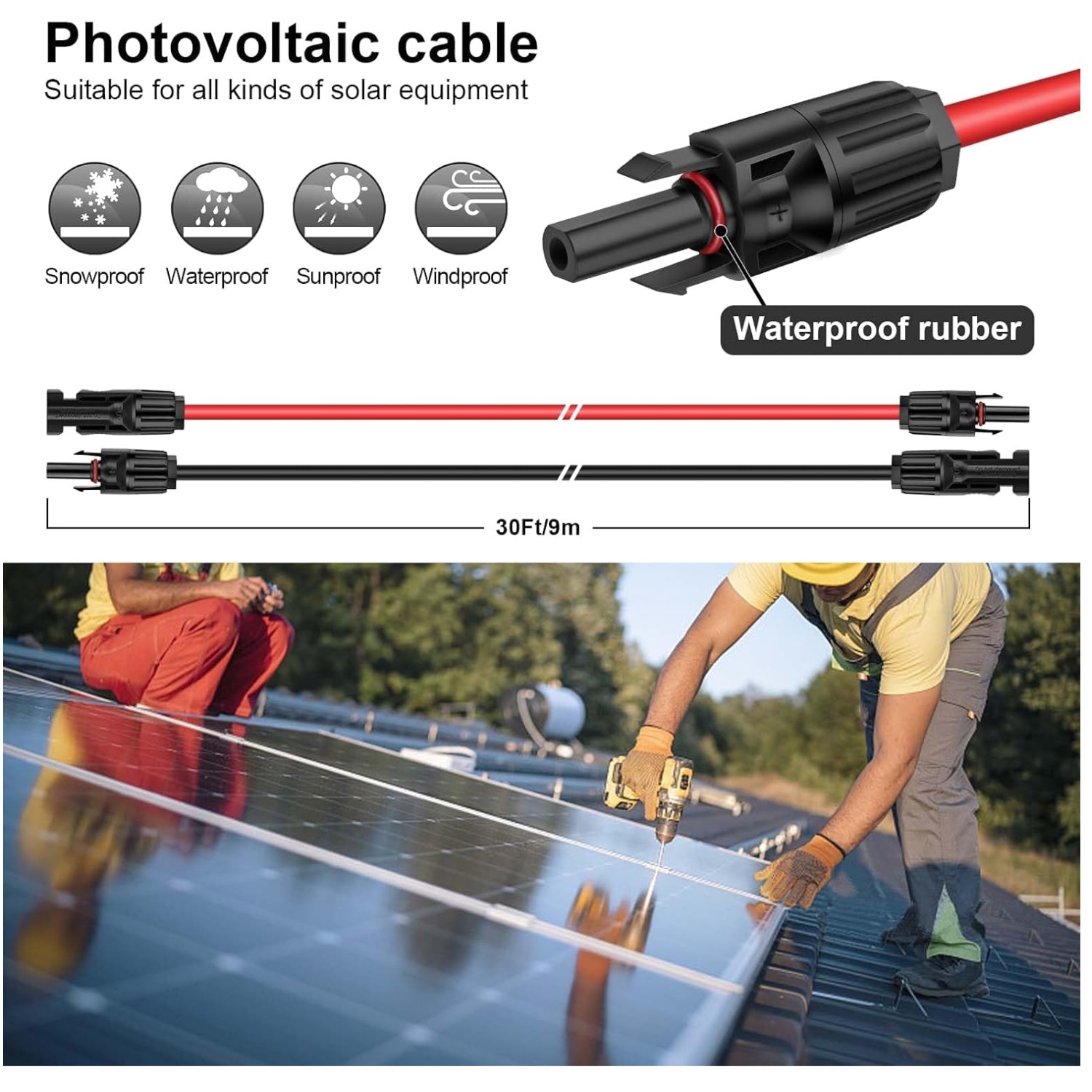 Waterproof Solar Panel Cable 30ft Red Black