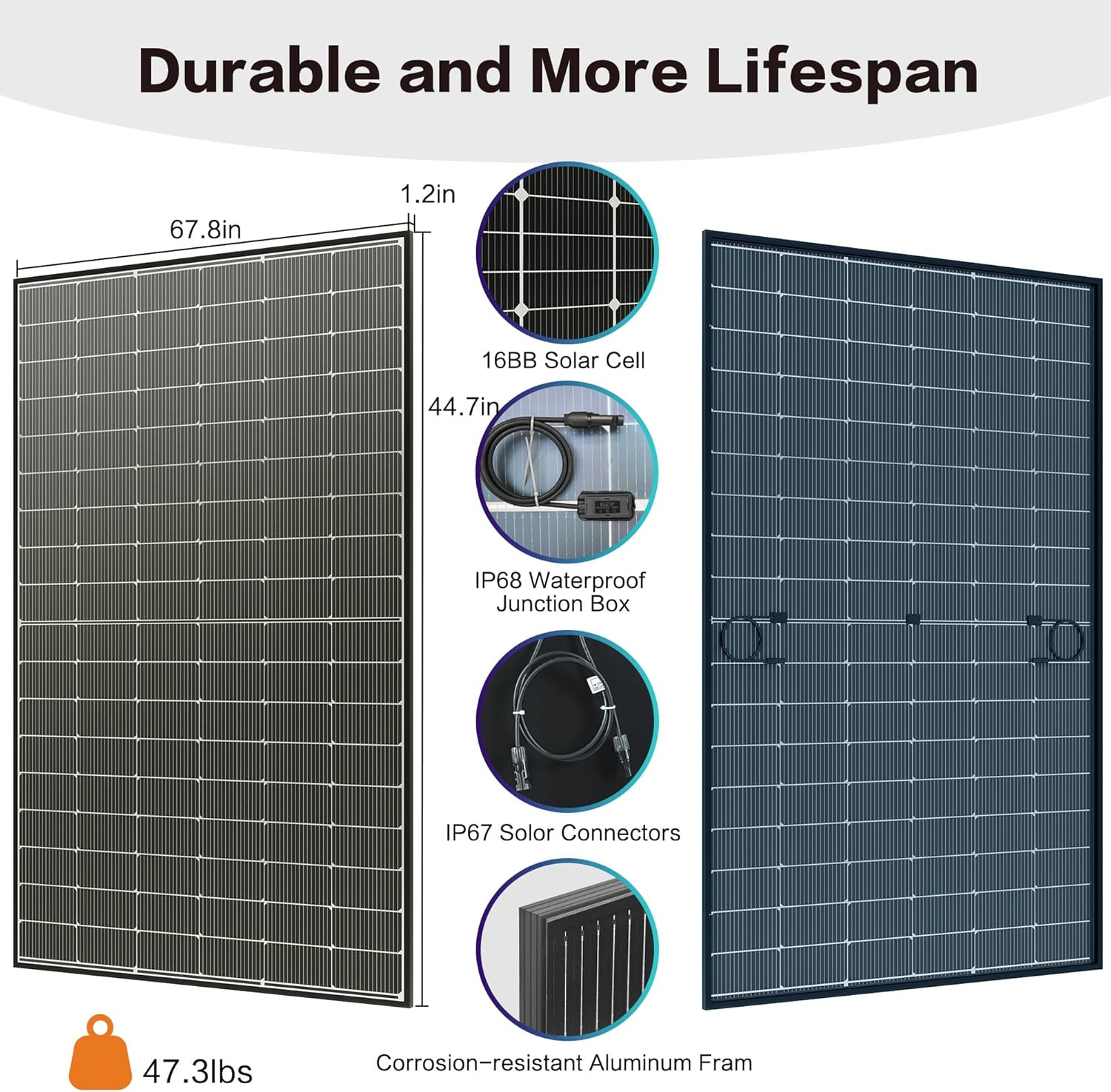 Bifacial 425 Watt Solar Panel, N-Type UL 61730 16BB Solar Panels, 25% High Effic