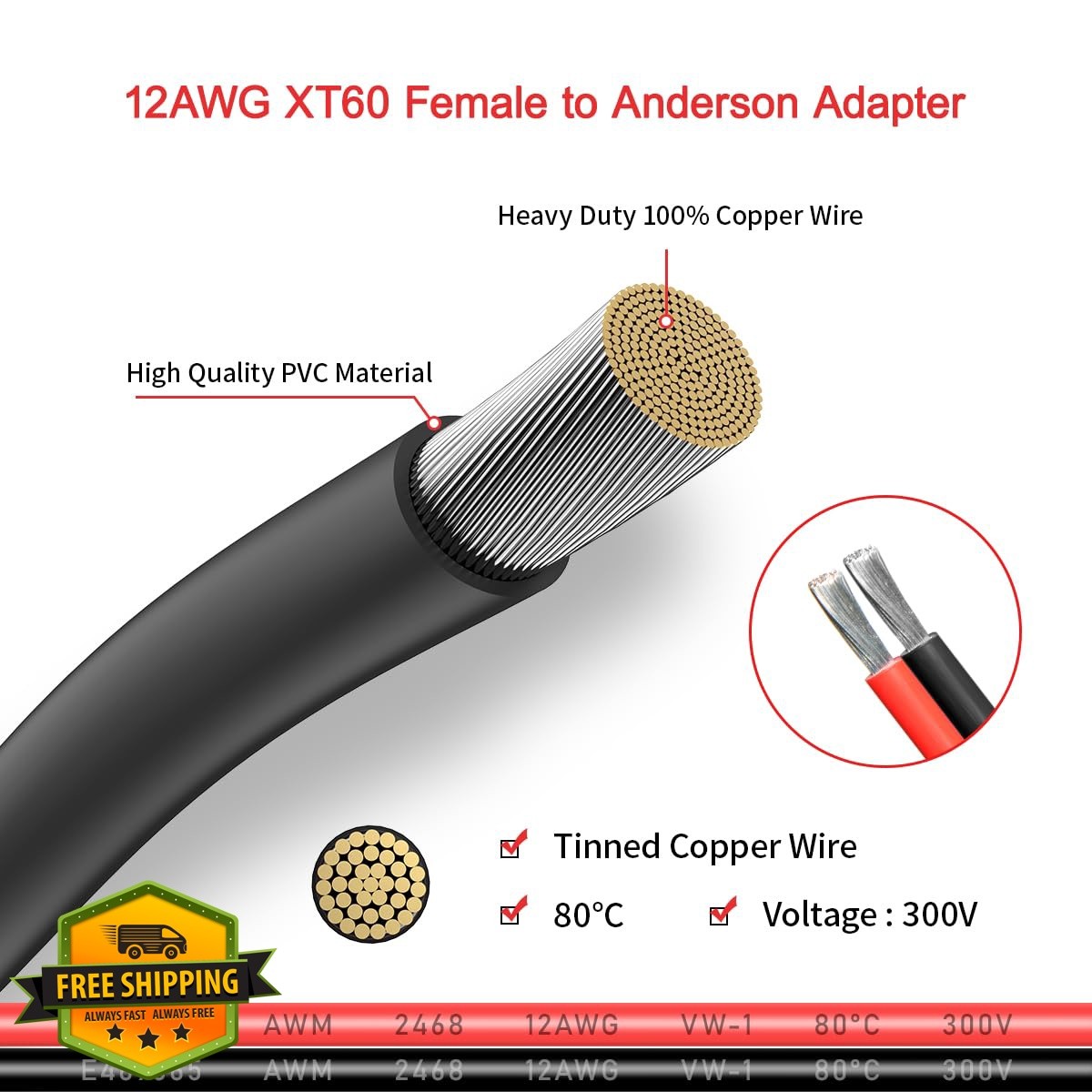 ELFCULB XT60 to Anderson Adapter 20FT 12AWG